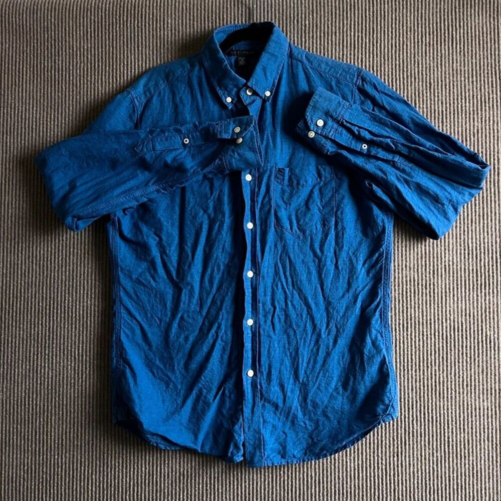 Banana Republic Mens M Blue Linen Cotton Button Down Shirt Antique Blue 15.5